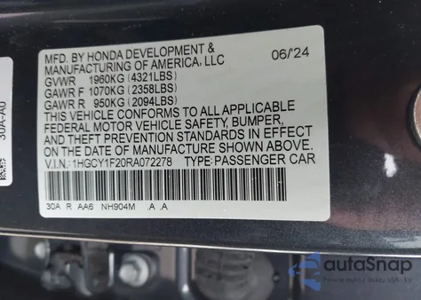 2024 Honda Accord Lx z USA, uszkodzony, nr VIN 1HGCY1F20RA072278